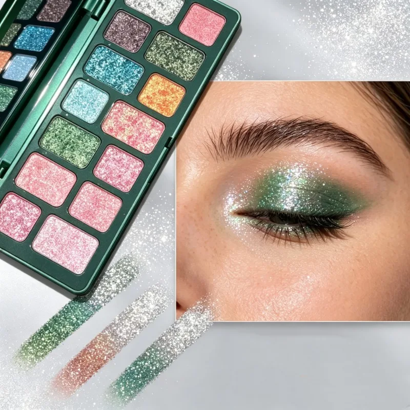 Green Sparkling Diamond Eyeshadow Palettes-High Pigments Metallic & Pearl Finishes Versatile Face Eye Make Up Kit Matte 16Color