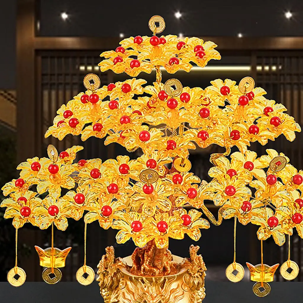 Money Tree Crystal Feng Shui Plant Gold Resin Statue Prosperity Decor Luxury House Decoration for Study Room Desktop