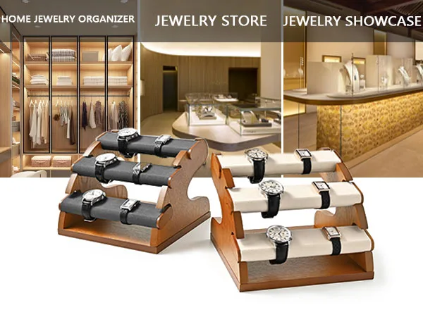 Oirlv Holz-Uhrenständer Mikrofaser-Ring-Armband-Aufbewahrungshalter Schmuck-Organizer-Ständer Beige/Grau für die Aufbewahrung zu Hause – Detail 3