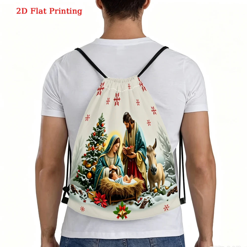 Christmas Nativity Jesus Mary Tree Snowflake 2D Printed Drawstring Backpack Sports Bag for Fitness Outdoor Travel