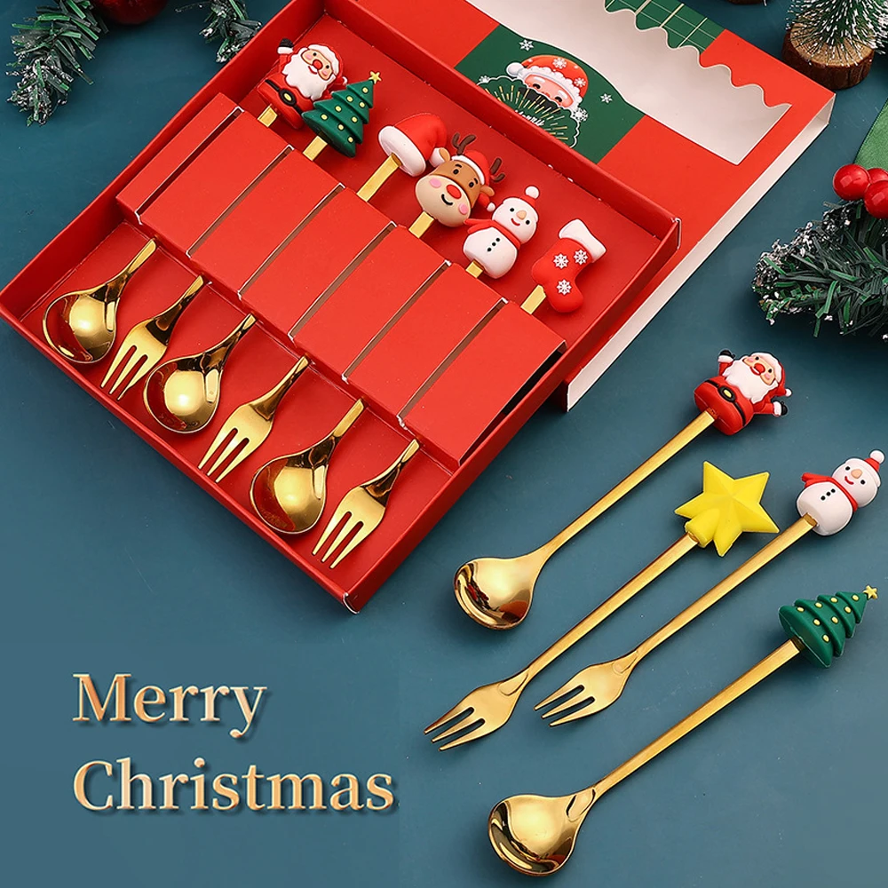 

6PCS Christmas Tableware Dessert Coffee Decoration Spoons Fork Christmas Stocking Cutlery Spoon Set Table Ornament Navidad Gift