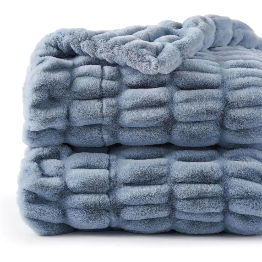 Faux Fur Throw Blanket for Couch, Super Soft Cozy Blanket, Double Sided Ruched Rabbit Faux Fur Blanket for Bed, Living Room, 50