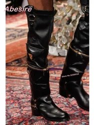 Pocket Decor Pleated Leather Boots Round Toe Black Chunky Heels Over The Knee Women's Boots Newest Winter Zip-Cut Separable Sexy