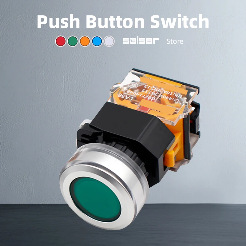 

30mm Push Button Switch LA38-11BN Momenrtary Reset Self Lock 1NO1NC Start Stop Circular Round Flat Head Brass Contact