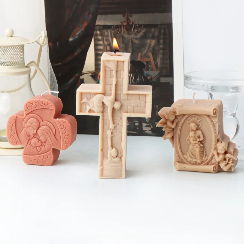 3D Arch Shape Holy Family Candle Silicone Mold DIY Jesus Cross Angel Virgin Mary Gypsum Epoxy Resin Casting Tool Religious Decor