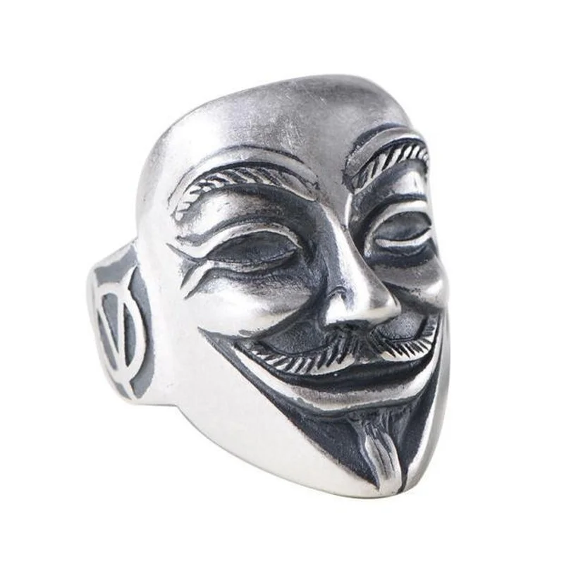 Ghost hand S925 pure silver Thai silver domineering full silver men\'s ring fashion frosted v-word revenge team mask opening ring