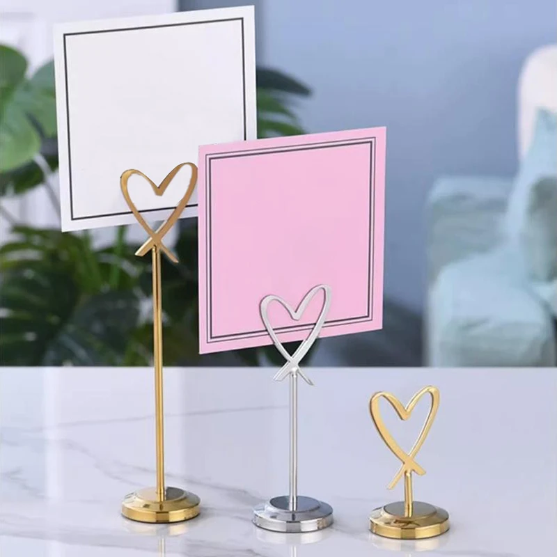 Stainless Steel Card Holder Heart Shape Memo Photo Stand Minimalist Metal Message Board For Home Office Decor With Non-Slip Base