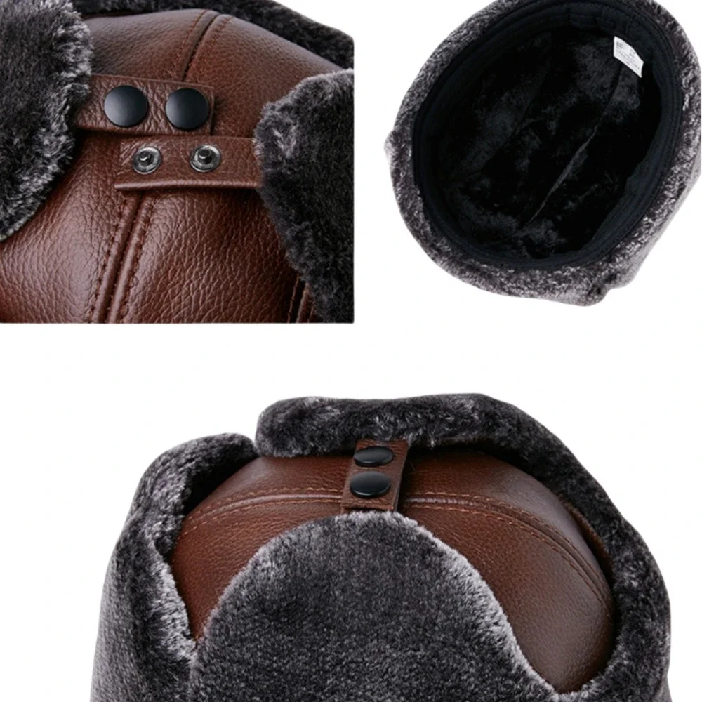 LA SPEZIA Fur Leather Bomber Hat Men Winter Hats Man Black Large Size XXL Cowskin Warm Hats for Men