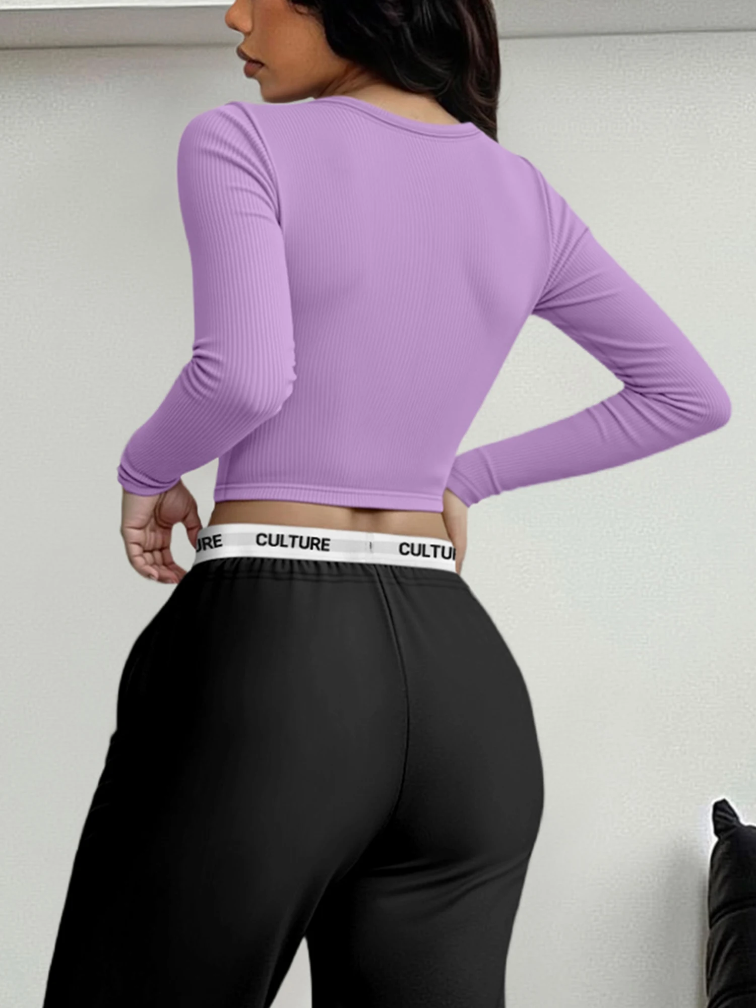 Trendy Y2K Solid Ribbed Fitted Crop Top Women Deep U Neck Long Sleeve Slim Club Night Out Tees