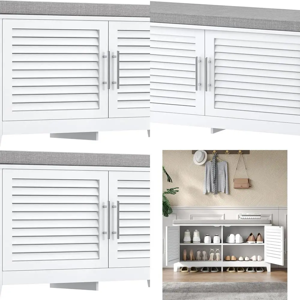 

White 2-Tier Shoe Storage Bench, 39.4'' Wide Entryway Furniture with Cushion & Adjustable Shelf