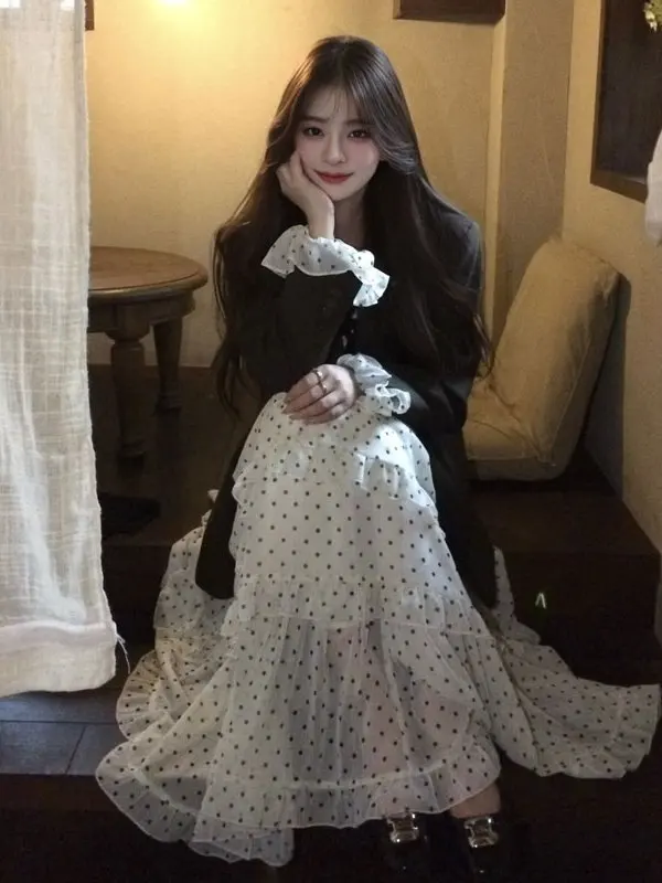 

Korean Style Polka Dot Waist-Cinching Dress And Leather Jacket Set Comfortable Long Sleeve round Neck Two-Piece Suit for Women