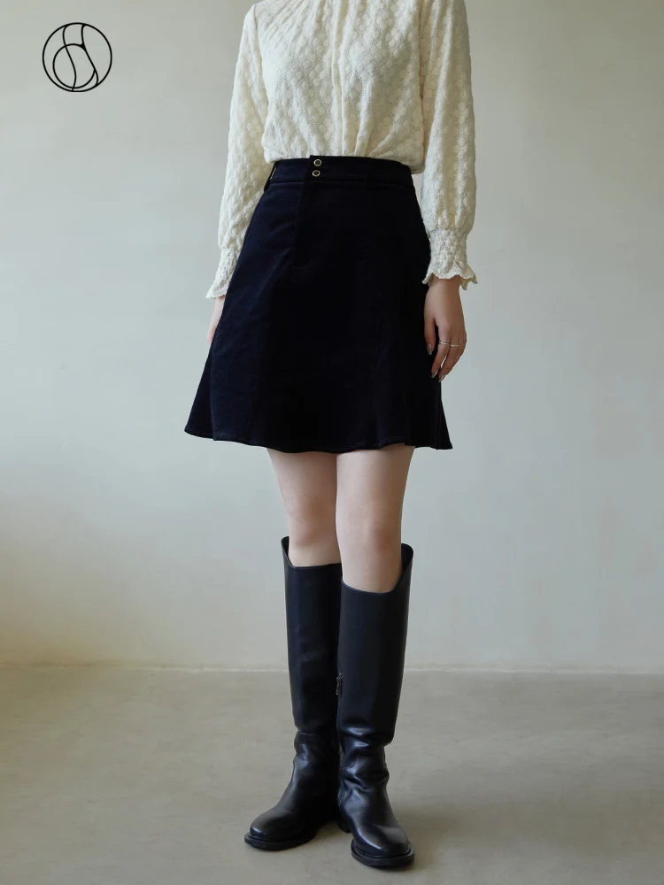 DUSHU Women Winter Black Corduroy High Waist Mini Padded Skirts All-match Commuter A-line Skirt Women Button Decoration Dress