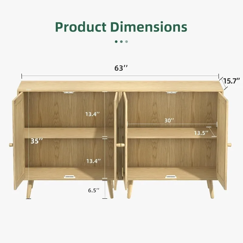 Set of 2 Rattan Sideboard Buffet Cabinets, with Adjustable Shelves & Doors, Ideal for Kitchen & Entryway Storage, Wood Oak