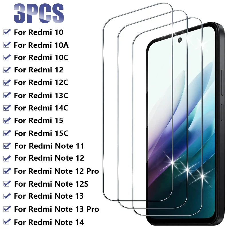 

3PCS Tempered Glass For Xiaomi Redmi Note 14 13 12 11 Pro 11S 12S 5G Screen Protector Redmi 15 15C 14C 13C 12C 10C 10A Glass