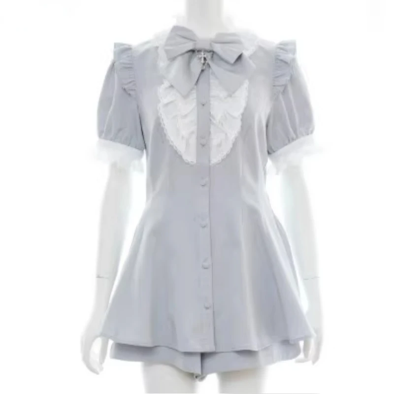 Vintage elegante Pladr Lolita 2 pezzi set dolci donna Kawaii Love Bow Lace Shirt Dress vita alta Rufffles Shorts abiti da donna