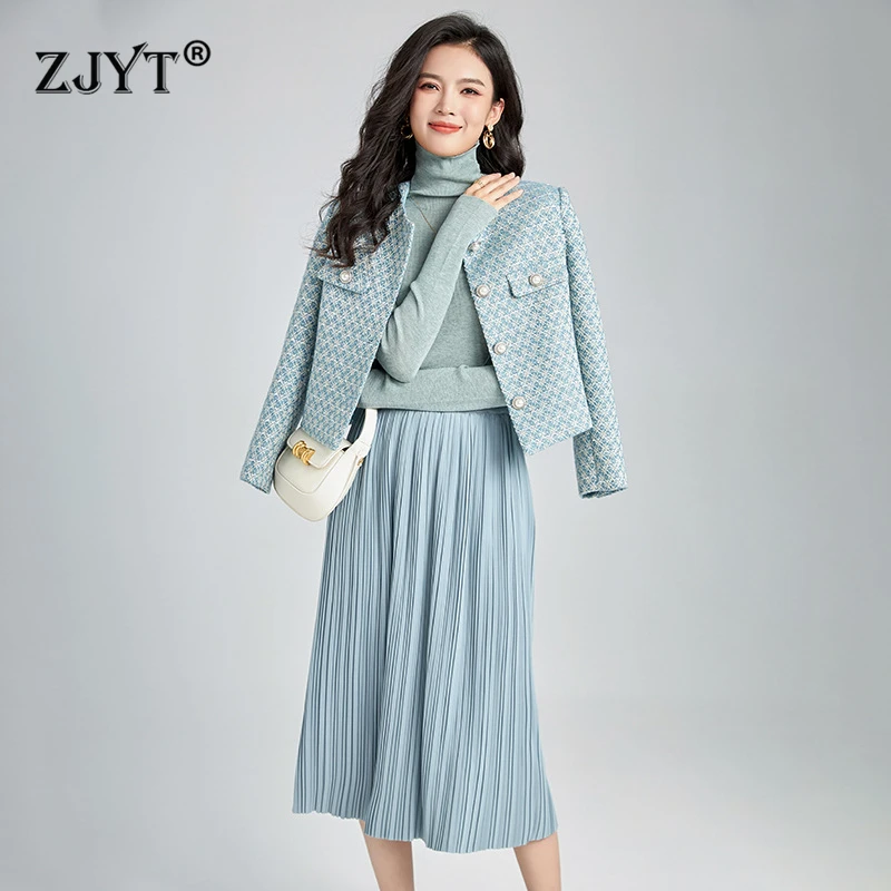 ZJYT Autumn Winter Midi Dress Sets Two Piece for Women 2024 Elegant Tweed Jacket and Pleated Skirt Suit Party Office Outfits