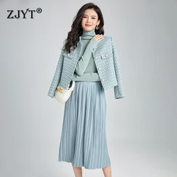 ZJYT Autumn Winter Midi Dress Sets Two Piece for Women 2024 Elegant Tweed Jacket and Pleated Skirt Suit Party Office Outfits