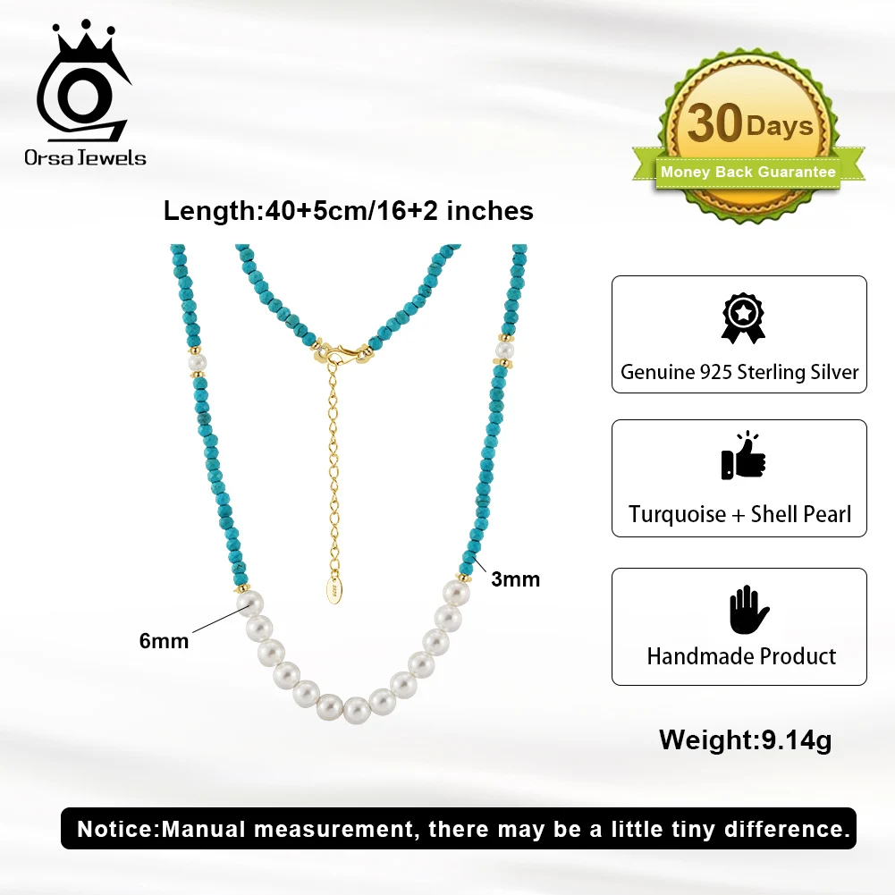 ORSA JEWELS 925 Silver Turquoise Beads Necklace with Shell Pearl Dainty Green Color Stone Neck Chain Women Collar Jewelry GMN54