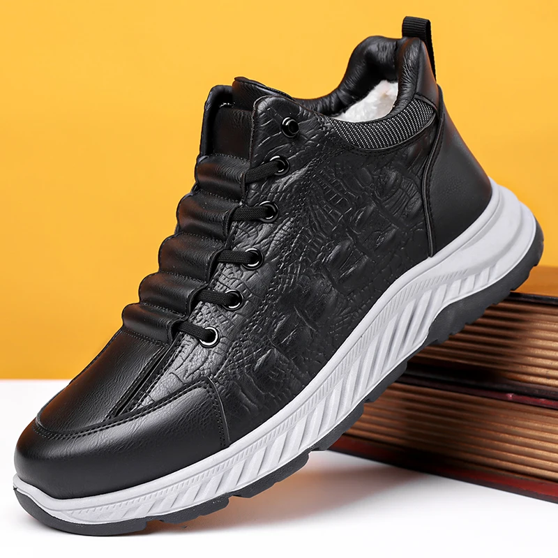 

Men's black suede-lined high-top sports shoes plush Warm winter lace-up casual shoes with anti-slip soles