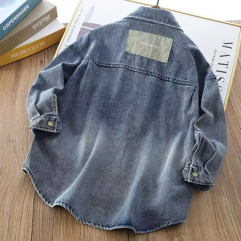Boys' Denim Shirt 2025 New Spring Fall Kids' Long Sleeve Stylish Top Boys' Trendy Denim Shirt Multi Season Children's Clothing