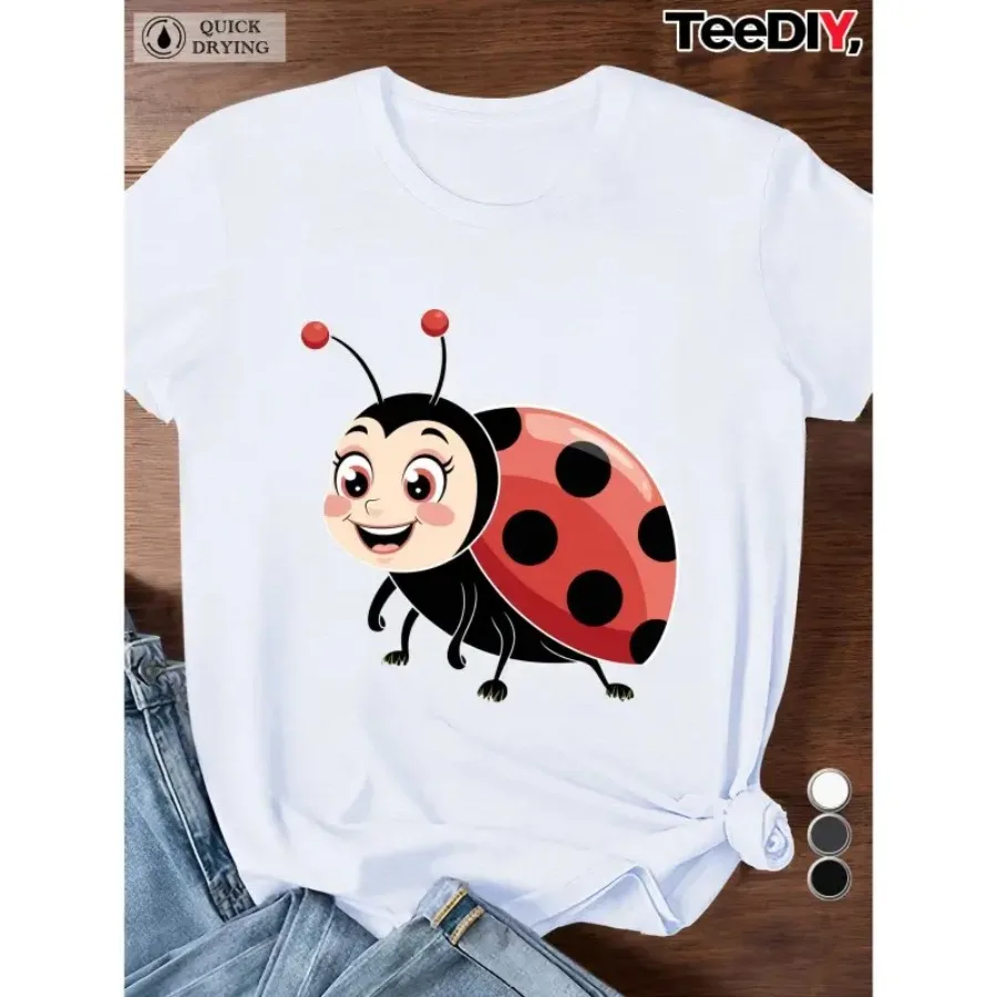 【Nuevo estilo】Camiseta con gráfico de mariquita de dibujos animados para mujer, talla grande, con diseño de insecto sonriente, con manchas y antenas rojas, suave y transpirable