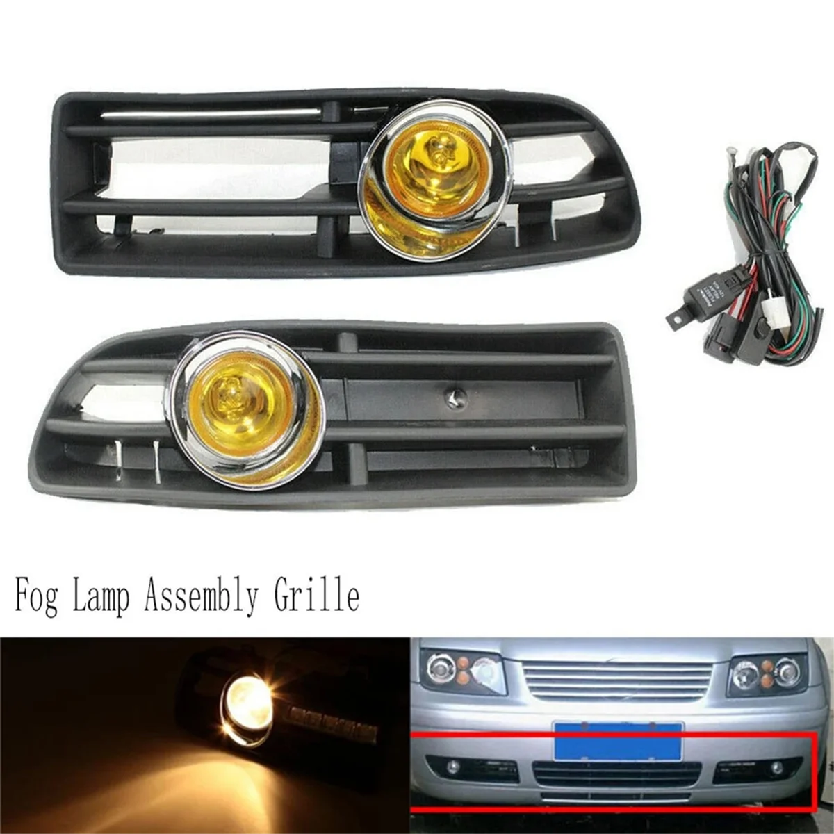 Yellow Light Front Fog Lights Assembly Fog Lamp Grille with Switch Harness for VW Bora Jetta MK4 1998-2004