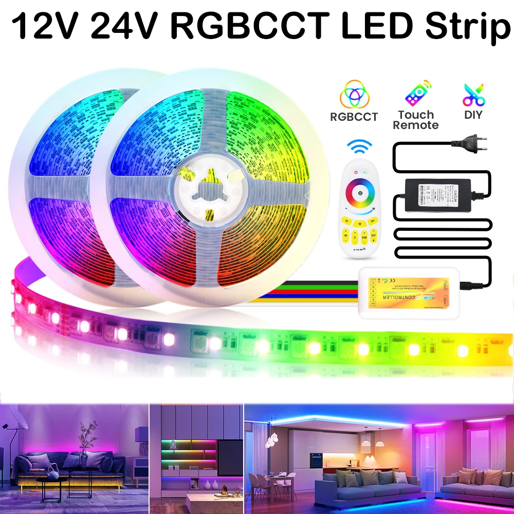 12V 24V RGB CCT LED Strip 5050 RGB+2835 Warm White/ White 120LEDs/m Flexible LED Tape Light Touch Remote Control Power Kit