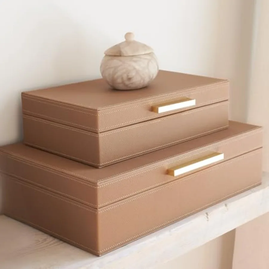 

Decorative Storage Boxes with Lids Set of 2 Beautiful PU Leather Organizer Bins for Your Bookshelf Home Decor - Safely Store Ph