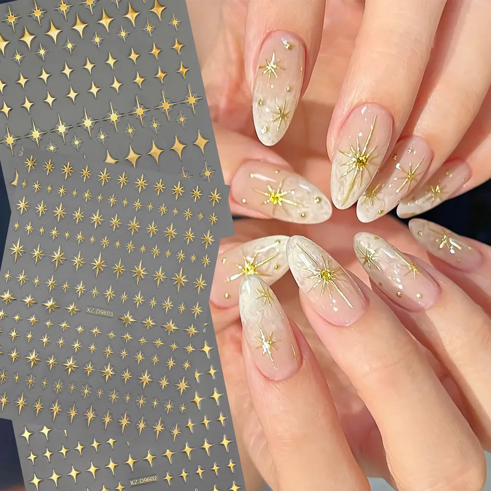 6 Stück/Set Funkelnde Goldene Sternförmige Nagelkunst-Aufkleber Metallische Stern-Nagelaufkleber in Verschiedenen Größen Y2K Stern DIY Maniküre-Dekoration
