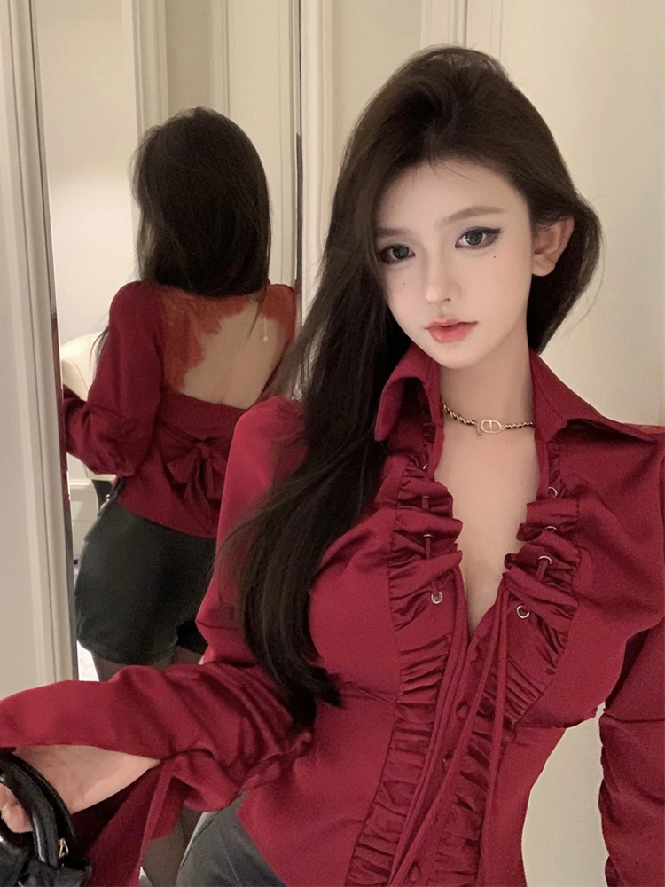 

Vintage Red Lace Cutout Formal Long-sleeve Shirt Women's Sexy Drawstring Backless Top Court-style Y2K Trendy Autumn Inner Wear
