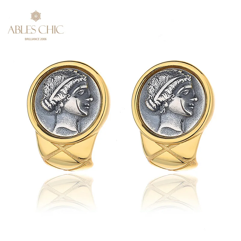 

Woman Warrior Greek Coins 18K Gold Tone Solid 925 Silver Roman Coin Stud Earrings E1042