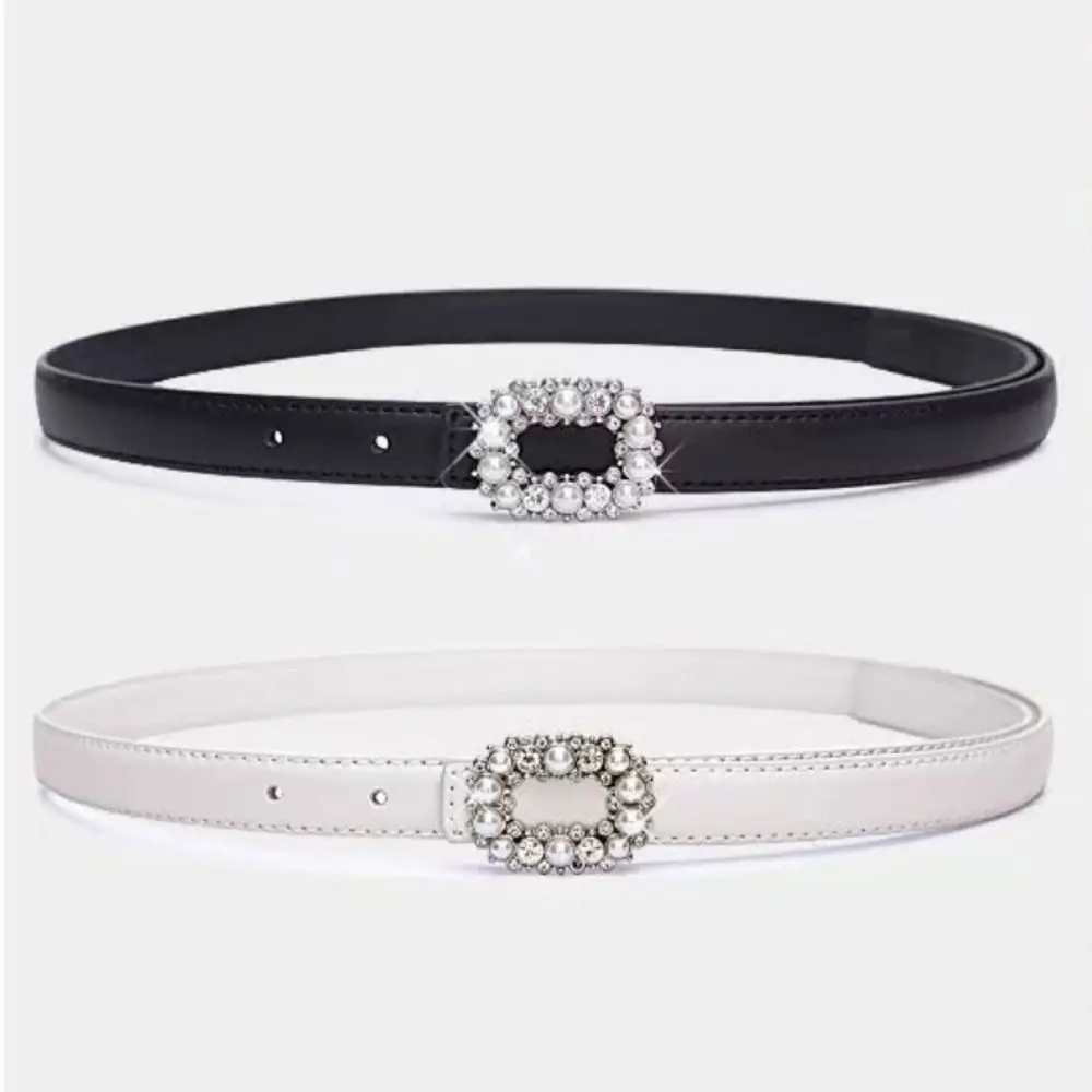 Rhinestone Pearl Decorated Women's Waist Belt Black White Single Circle Pin Buckle Waistband Thin Slimming Dress Belt