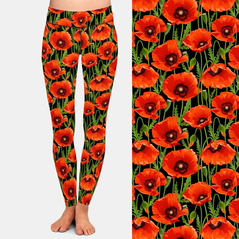 LETSFIND Schöne 3D Mohnblumen Blumen Druck Frauen Stretch Hosen Mode Hohe Taille Fitness Dünne Weiche Legging