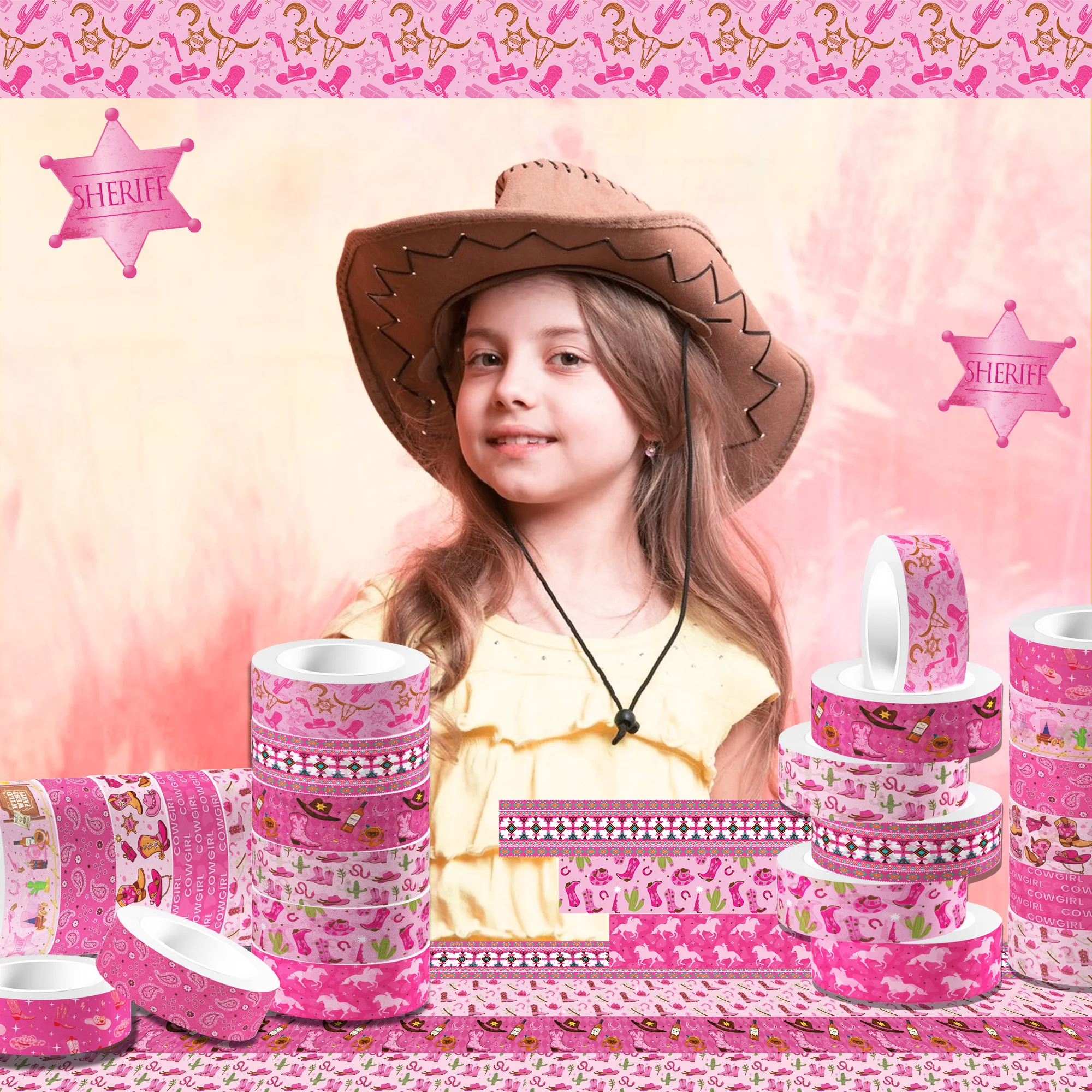 12 롤 서양 카우걸 테마 Washi 테이프 세트, 장식 종이 스티커, 선물 포장용 DIY 공예 테이프, 스크랩북