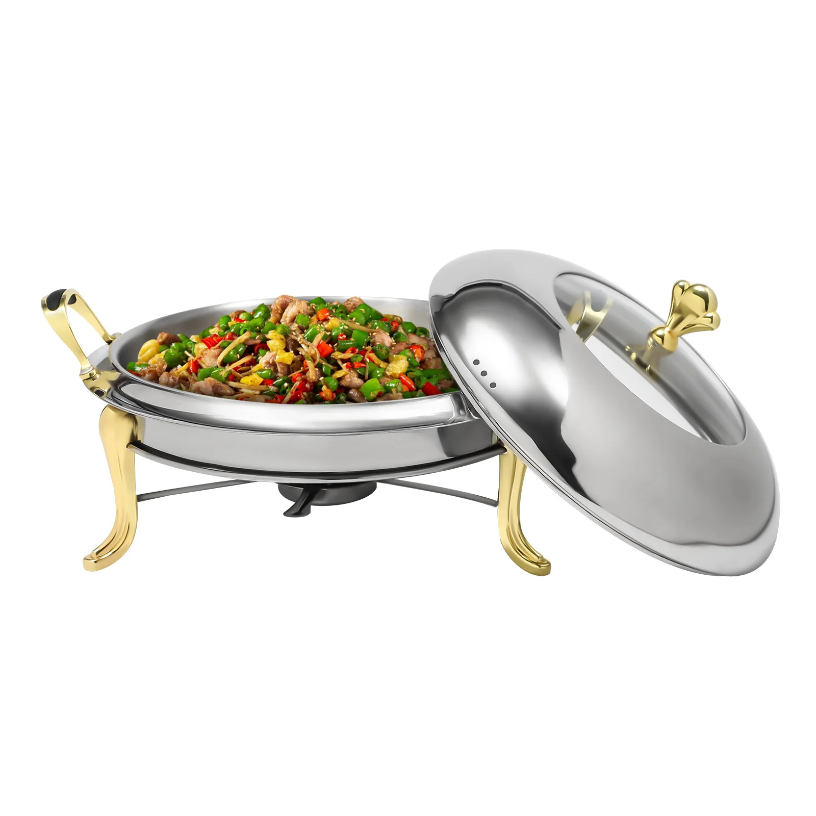 

Round Chafing Dish Buffet Set, 2.5L Stainless Steel Chafing Dishes with Glass Lid & Lid Holder, Catering Food Warmers