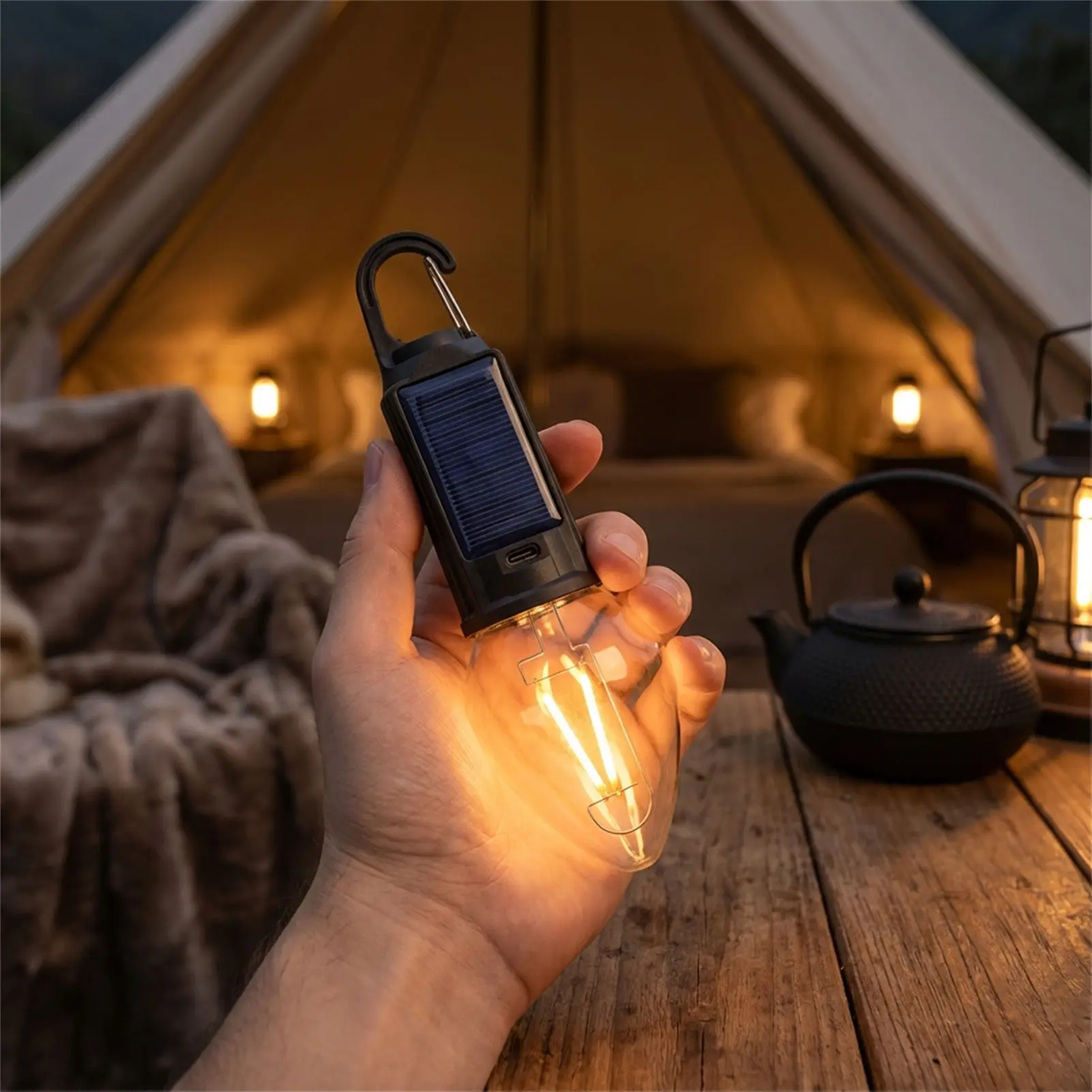 

Solar Camping Light Bulb Warm Filament Portable Waterproof Rechargeable Outdoor Lantern For Travel Home Decor And Emergency Use