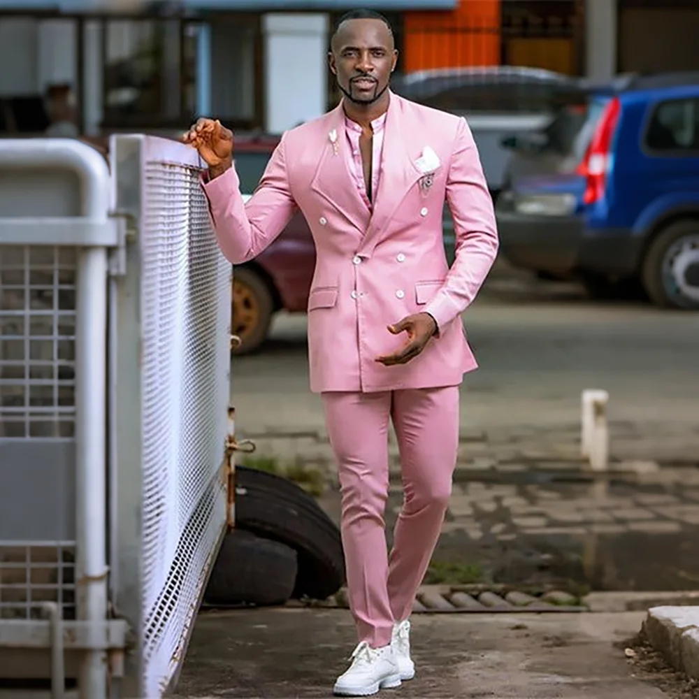 

Elegant Men's Pink Asymmetric Lapel Double Breasted Suit Slim Fit Tailored Formal Wedding Business 2 Piece Jacket Pantsuit