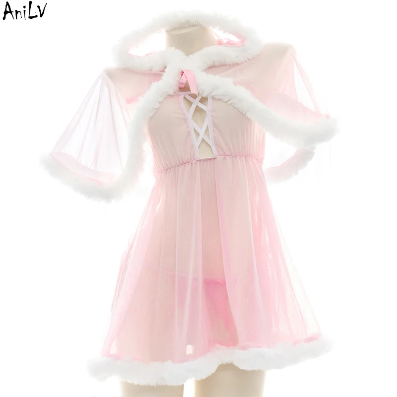 AniLV Anime Fairy Tale Girl Pink Hooded Cape Dress Costume Cosplay Women Mesh Furry Nightdress Pajamas Uniform Outfit