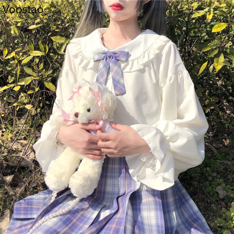 Camisas de manga larga con cuello de muñeca Kawaii para niñas, camisa de uniforme de estudiante Jk, Harajuku, blusas blancas bonitas, estilo japonés, Lolita