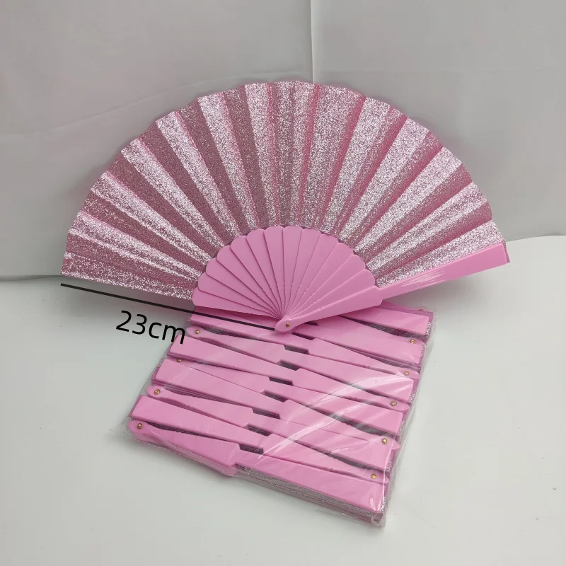 12 pieces/bag plastic ribs folding hand fan bling fabric 23cm rave hand fans