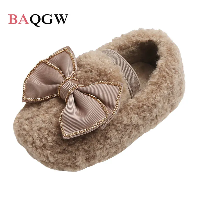 Girls Winter Shoes Cotton-padded Warm Cotton Fur Fluffy Children Flats Kids Loafers Slip-on Princess Sweet Anti-slippery Bowtie