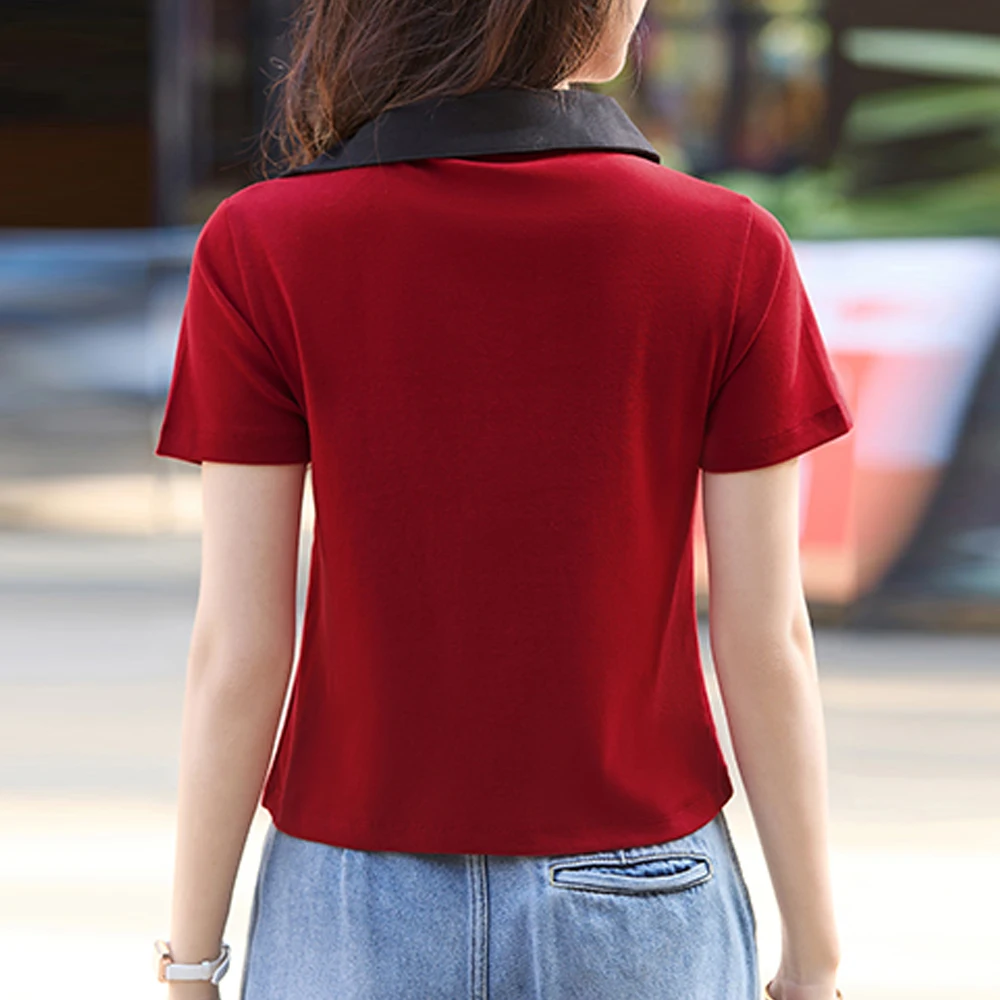 European Station Short sleeved T-shirt Women\'s Summer New Fashion Light Luxury High end Polo Neck Double Zipper Slim Short Top