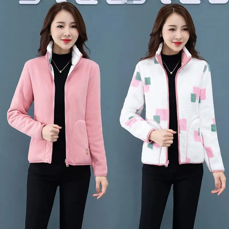 Reversible Polar Fleece Hoodie Female Spring Autumn New Add Velvet Add Thick Stand Collar Cardigan Coral Fleece Keep Warm Coat