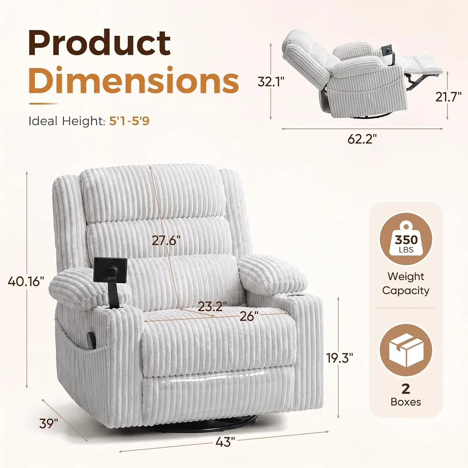 Power Rocker Recliner with Massage & Heat, Corduroy, USB Port, 26