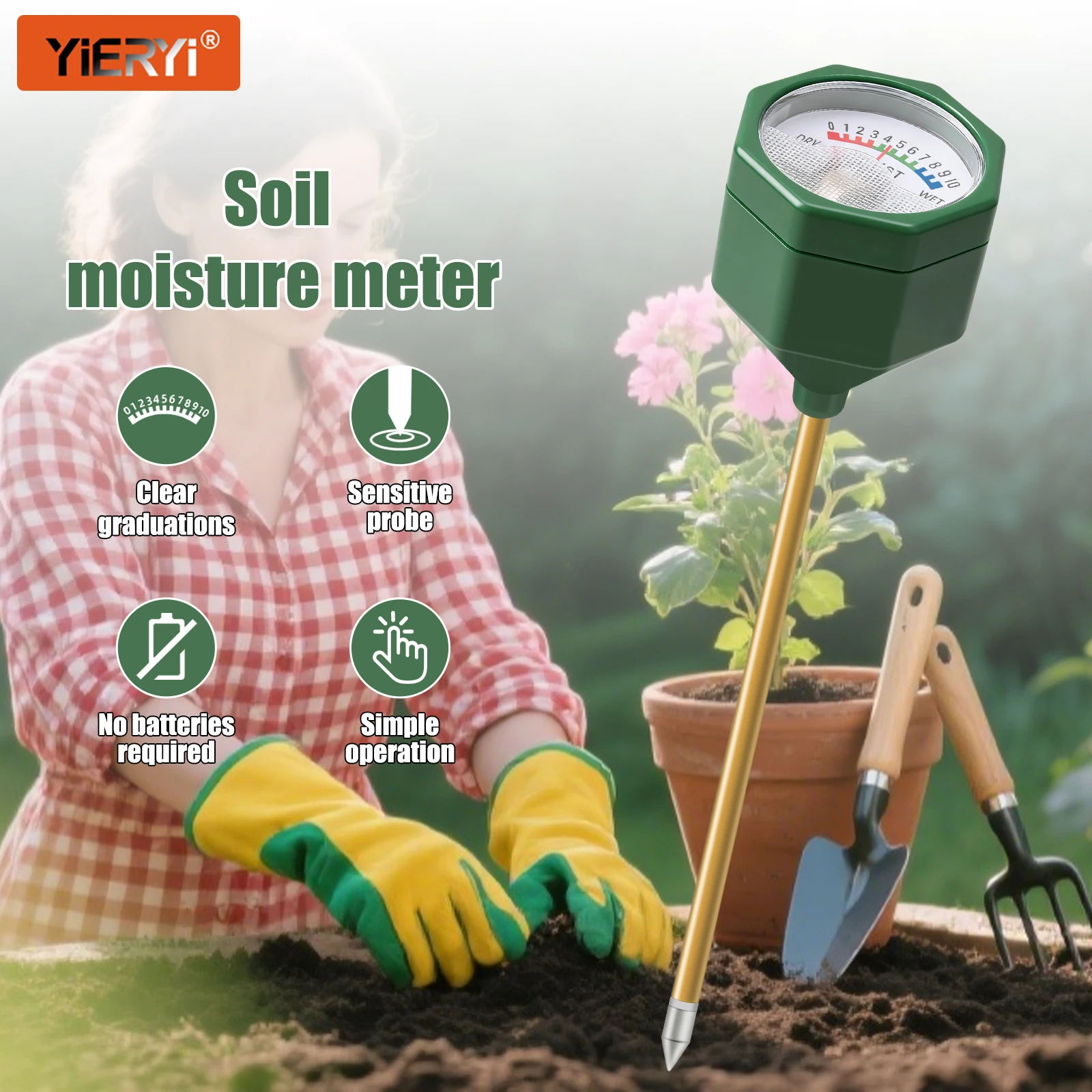 Soil Moisture Meter without Battery Hygrometer Sensor for Plant Water Monitoring Indoor Outdoor Garden Farm Lawn Humidity Tester