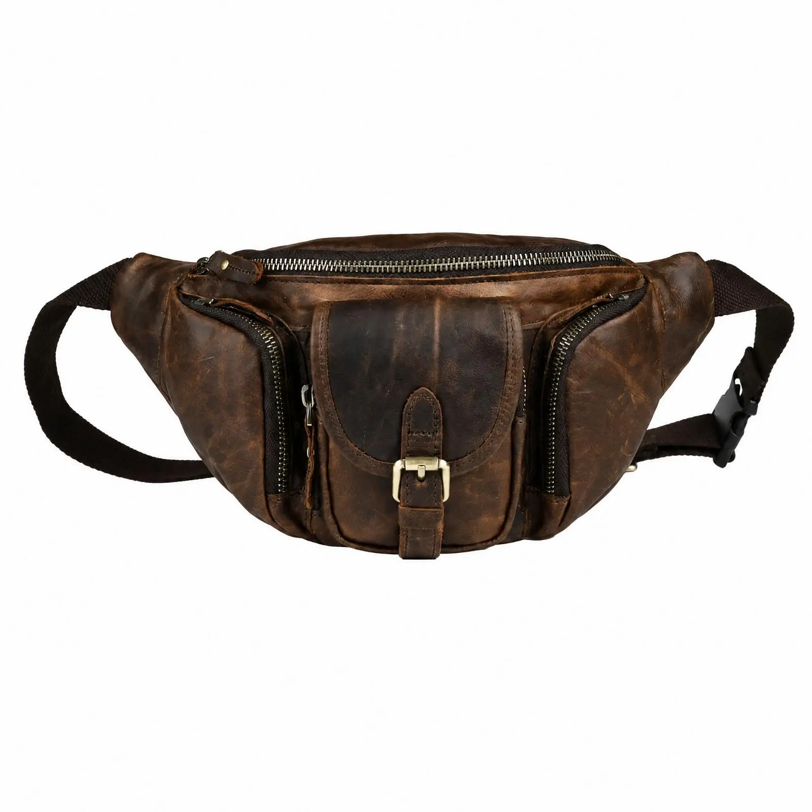 Men Waist Pack Genuine Leather Crossbody Bag Adjustable Strap for Hiking Travel Daily Use Multiple Compartments