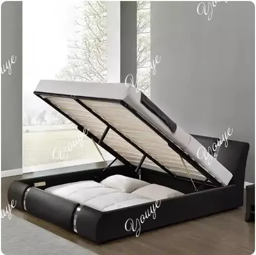 

N49 Modern Faux Leather Queen Bed Frame with Adjustable Headboard and Iron Accents, Deluxe Upholstered Platform Bed , Black