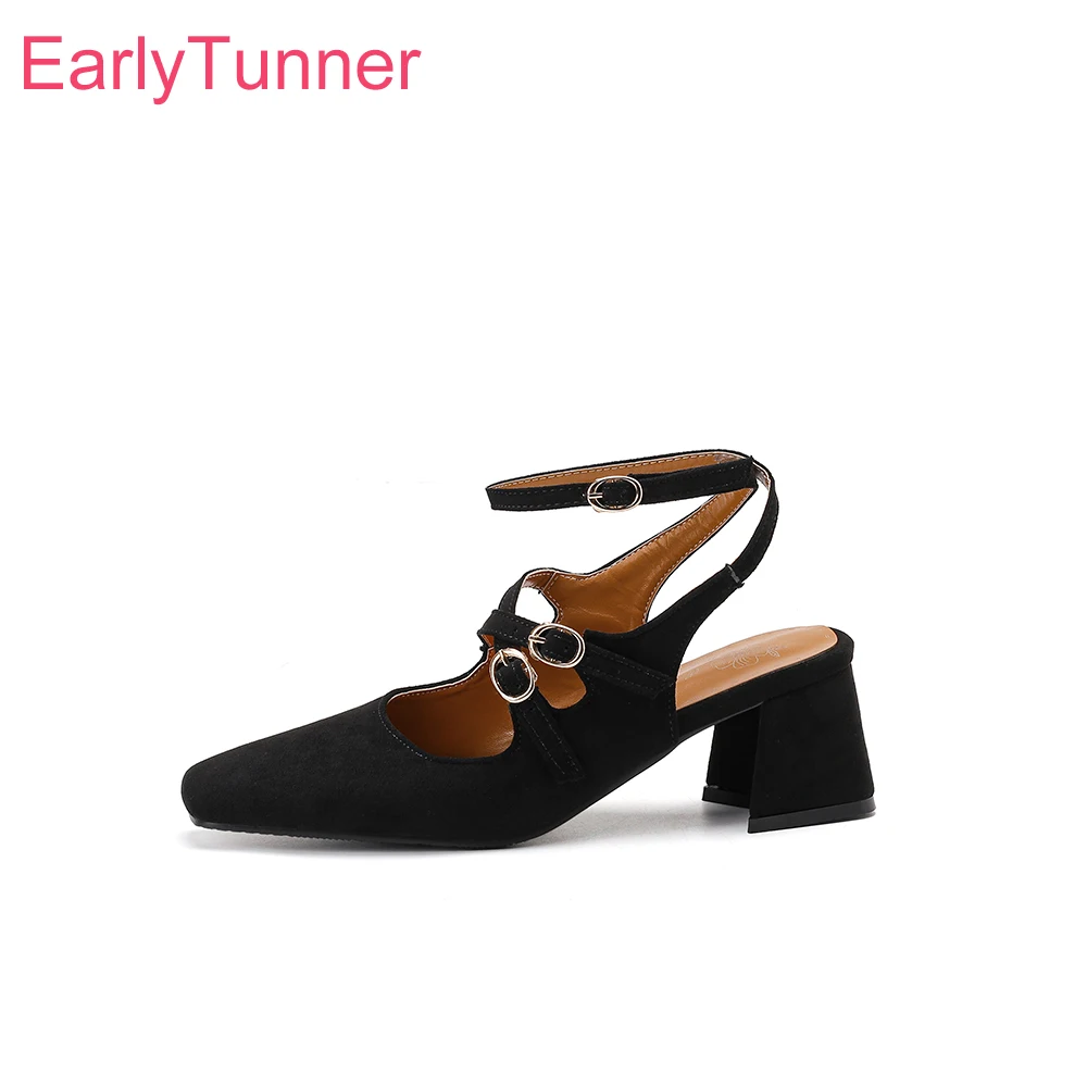  New Summer Sweet Black Leopard Women Sandals Fashion High Block Heels Lady Dress Shoes Plus Small Big Size 32 43 48