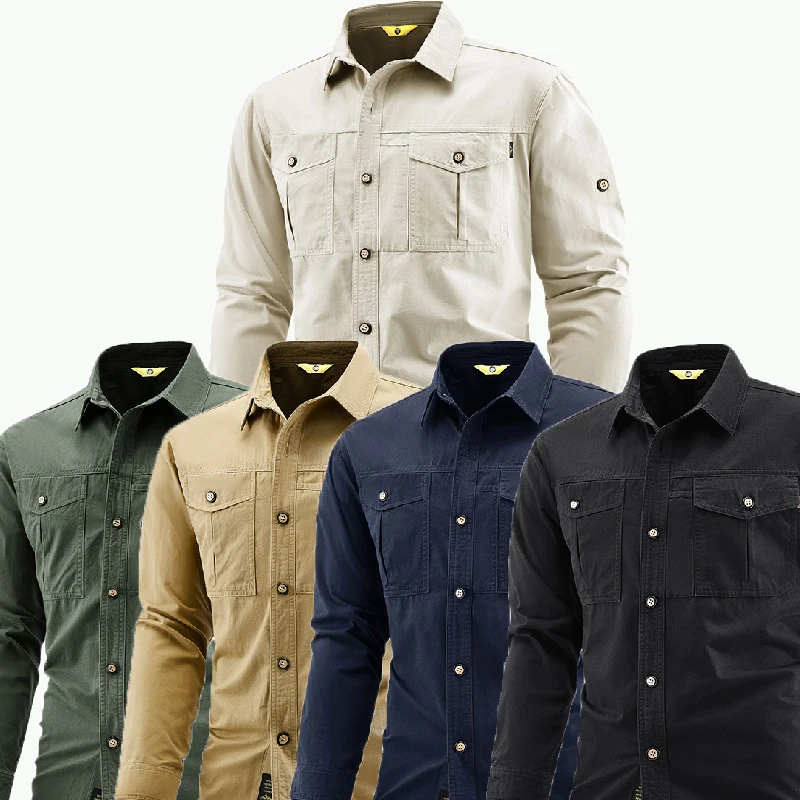 Men's Casual Cotton Retro Loose Solid-color Large-size Workwear Long-sleeved Shirt
