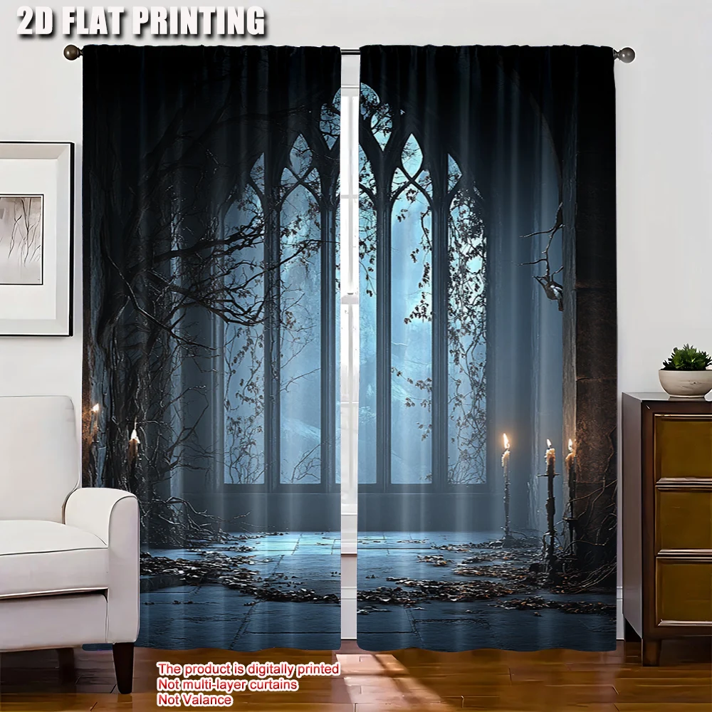 2pcs 2D flat printing Party Curtain Horror House Halloween Historical Gate Gothic Candle Landscape1 Machine Washable Fabric
